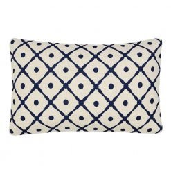 Image of elegant minimalistic rectangular blue and white cushion made of cotton linen fabric