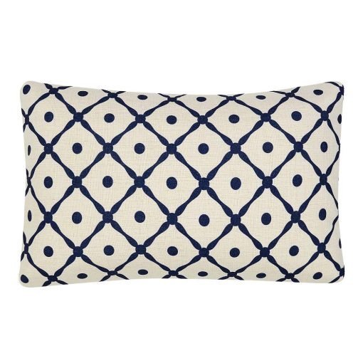 Image of elegant minimalistic rectangular blue and white cushion made of cotton linen fabric