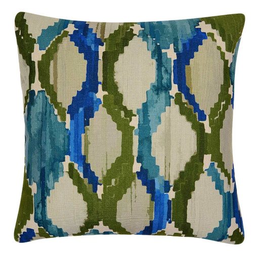 Tribal inspired square cushion cover in blue, green and teal colours