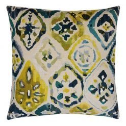 Photo of 45cm x 45cm teal and yellow cotton linen cushion with abstract print