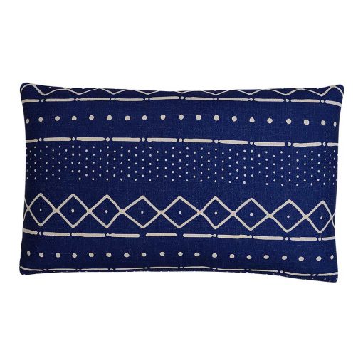 Close up image of navy blue mud cloth cushion cover with tribal print in rectangle size