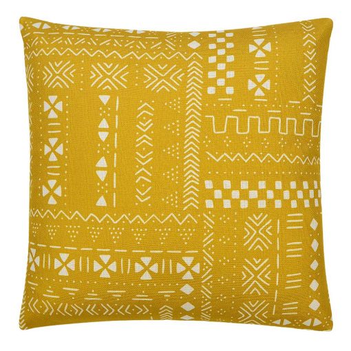 Image of square, mustard yellow mud cloth cushion cover in 45cm x 45cm size