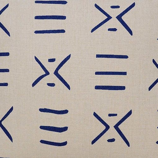 Image of off-white cushion cover with blue mud cloth design