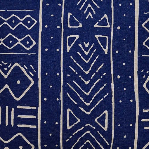 Close up image of navy blue mud cloth cushion cover with ethnic print