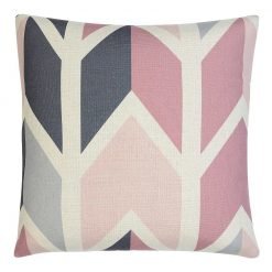 Photo of off-white cushion cover with grey and pink arrows