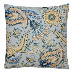 Square, pastel blue paisley cushion cover with floral print