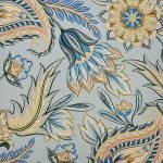 Close up image of teal coloured cushion cover with gold coloured flowers