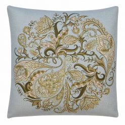 Image of elegant pastel blue paisley cushion cover with gold floral design