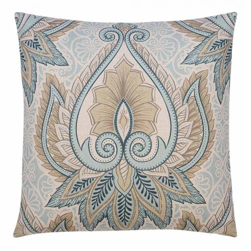 Photo of pastel blue square paisley cushion cover with brown floral design