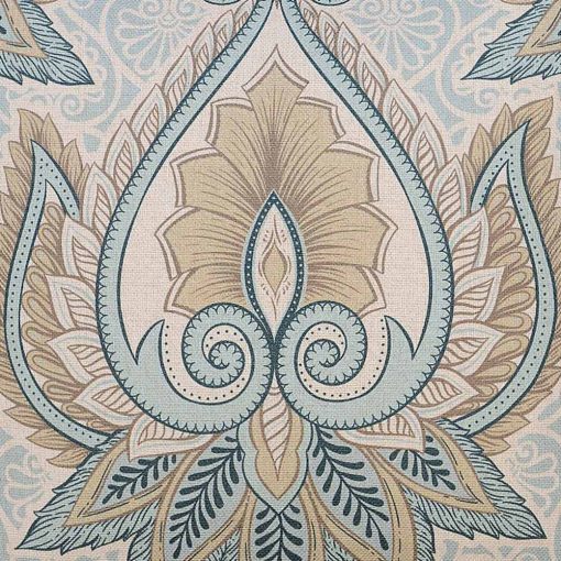 Close up image of pastel blue cushion cover with blue and brown ferns