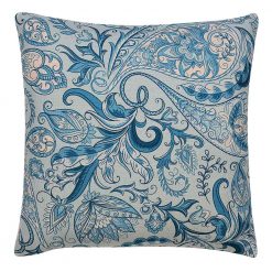 Image of teal coloured paisley cushion cover with floral print