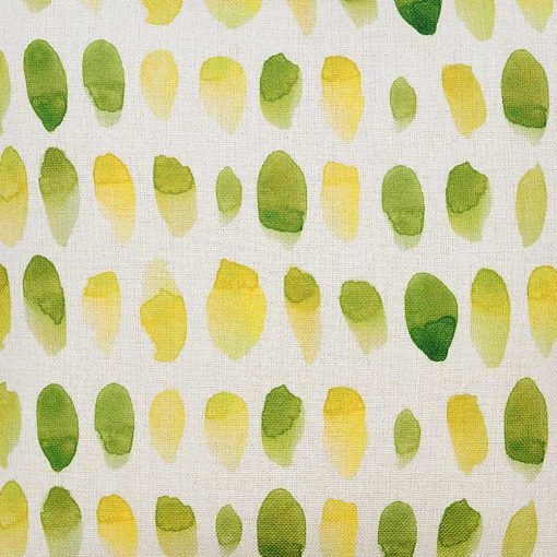 Close up photo of green and yellow aquarelle inspired square cushion cover