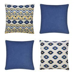 Photo of 4 Aztec inspired cushion covers in blue and yellow colours