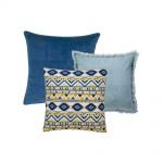 Photo of 3 blue and yellow square cushions in Aztec motif