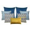 Image of 7 blue and mustard coloured cushion set in Aztec inspired design