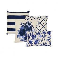 Image of blue and white cushion covers in stripped and floral design