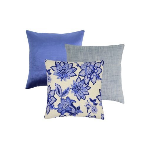 Image of 3 blue cushion covers in block and floral design