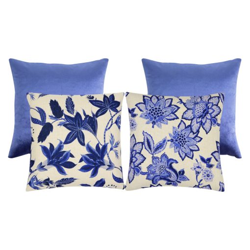Photo of four cobalt and china blue cushion cover with floral print