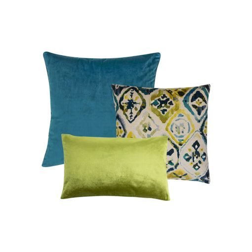 Image of blue and green cushion covers in square and rectangular shapes