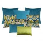 Image of 8 ikat cushion collection in green, blue and teal colours