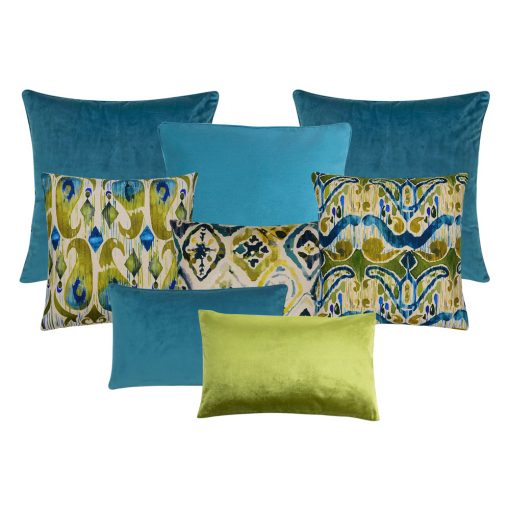 Image of 8 ikat cushion collection in green, blue and teal colours