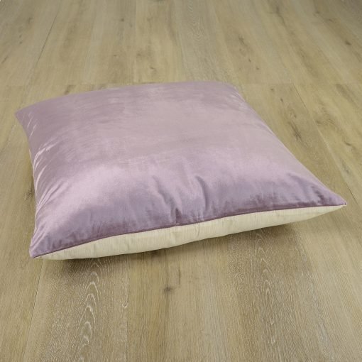 Image of square lavender floor cushion in velvet and linen fabric
