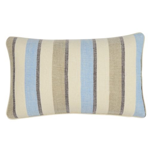 Image of rectangular cushion cover in blue and brown stripes