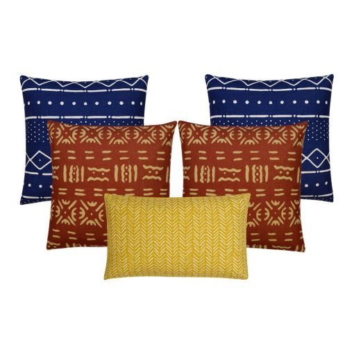 Image of 5 rectangular and square mud cloth cushion covers in navy, rust and yellow colours