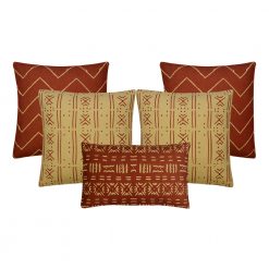 Image of 5 rust coloured mud cloth cushion covers in rectangular and square shapes