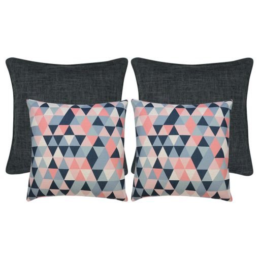 Photo of 4 pink, charcoal and blue cushion covers in block and abstract design