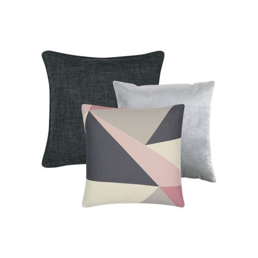 Photo of charcoal, pink and grey cushion covers in block and triangle designs