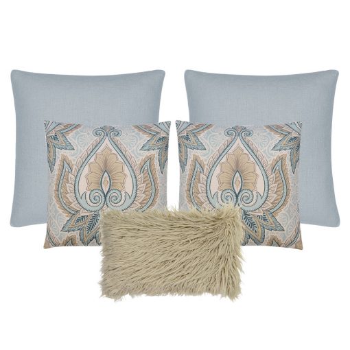 Photo of blue and oyster coloured paisley cushions in square and rectangular shapes