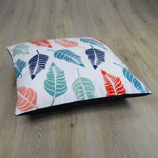 70cm x 70cm white floor cushion cover with colourful leaves print