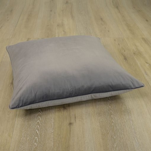 Image of velvet floor cushion in space grey colour and in 70cm x 70cm size