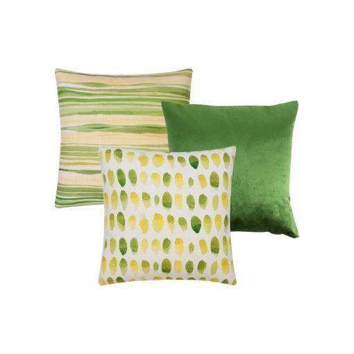 Photo of 3 square cushion covers in watercolour green and yellow colours