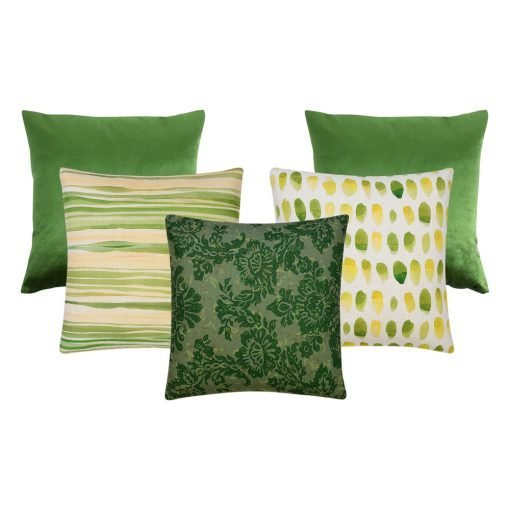 Image of 5 green square cushion covers in watercolour motif
