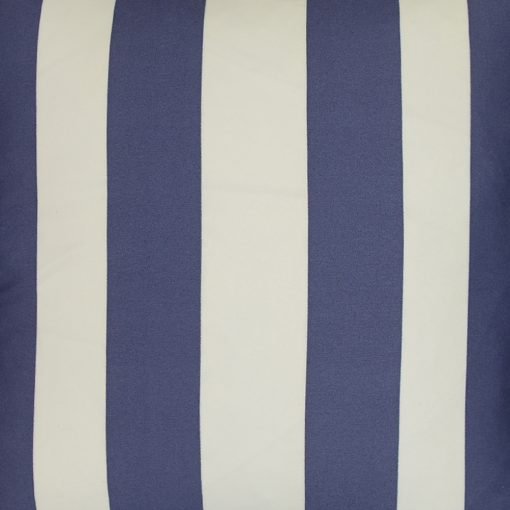 Close up image of outdoor cushion of blue and white cushion cover