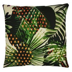 Close up image of tropical inspired, UV resistant cushion cover
