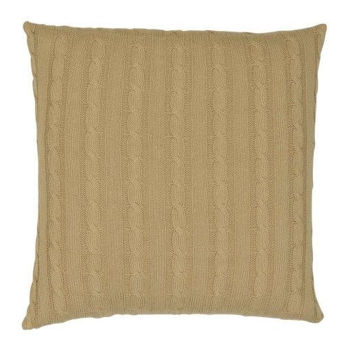 Back image of khaki coloured cable knit cushion cover