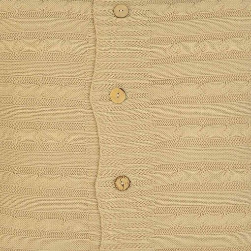 Close up image of khaki coloured knit cushion cover with buttons