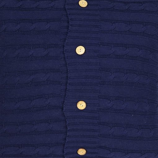 Close up photo of elegant, navy blue cushion cover with buttons in the middle