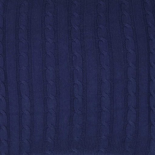 Close up image of cable knit cushion cover in navy blue colour