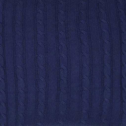 Close up image of cable knit cushion cover in navy blue colour