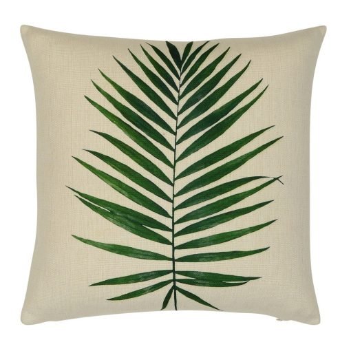 Neutral coloured cotton linen blend cushion cover with green leaf design