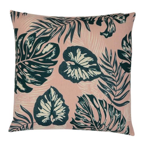 Image of pink and green cushion cover with green leaves
