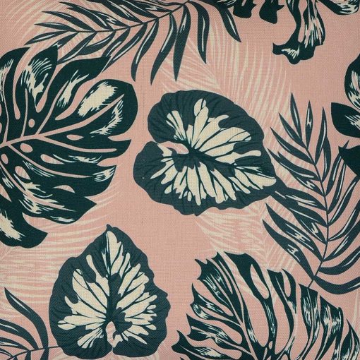 Close up of jungle inspired pink and green cushion cover in 45cm x 45cm size