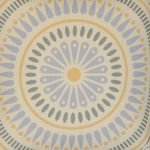 Close up of Mandala design cushion with blue and yellow colours and made of cotton linen blend fabric