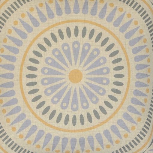 Close up of Mandala design cushion with blue and yellow colours and made of cotton linen blend fabric