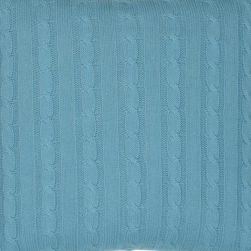 Close up back view of teal cushion cover made of knit fabric