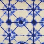 Close up image of rectangular kaleidoscope-inspired cushion in blue and white colours